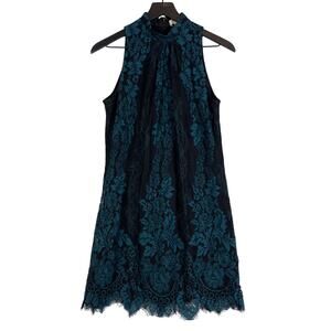 Erin by Erin Fetherston Size 0 Teal & Black Lace High Neck Mini A-Line Dress